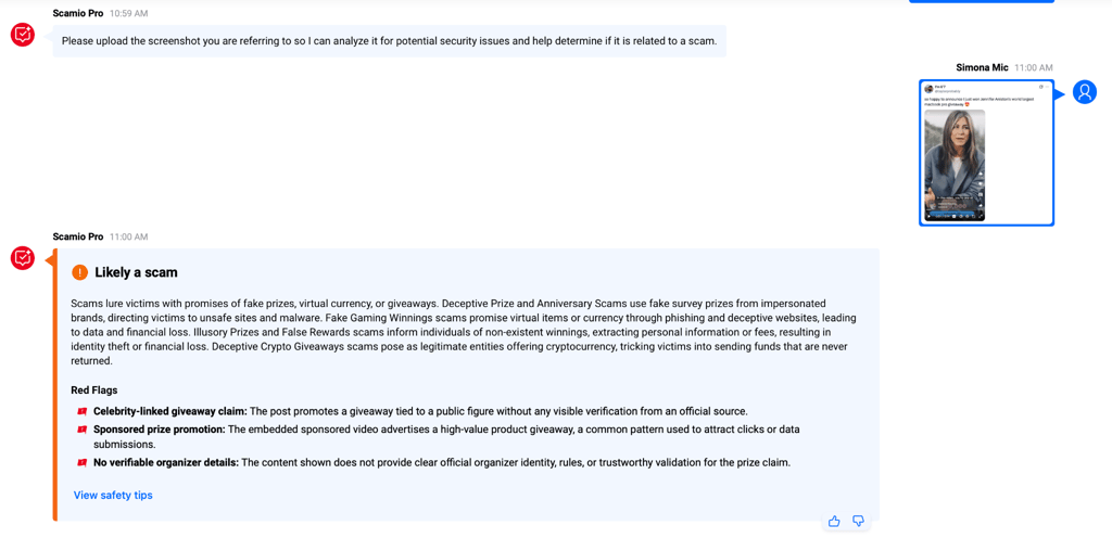 Bitdefender Scamio Pro breaks down exactly why a suspicious post gets flagged