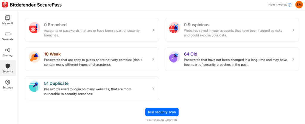 Bitdefender SecurePass security scan results