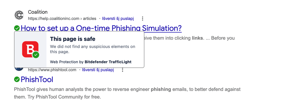 Bitdefender TrafficLight extension flags results directly in search
