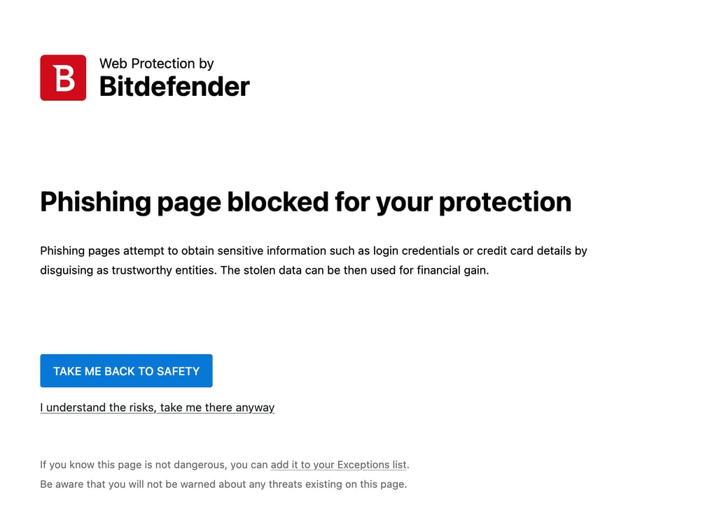 Bitdefender blocking a phishing page