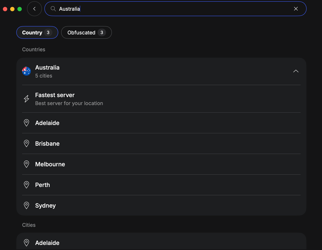 Choosing a server in Australia using NordVPN