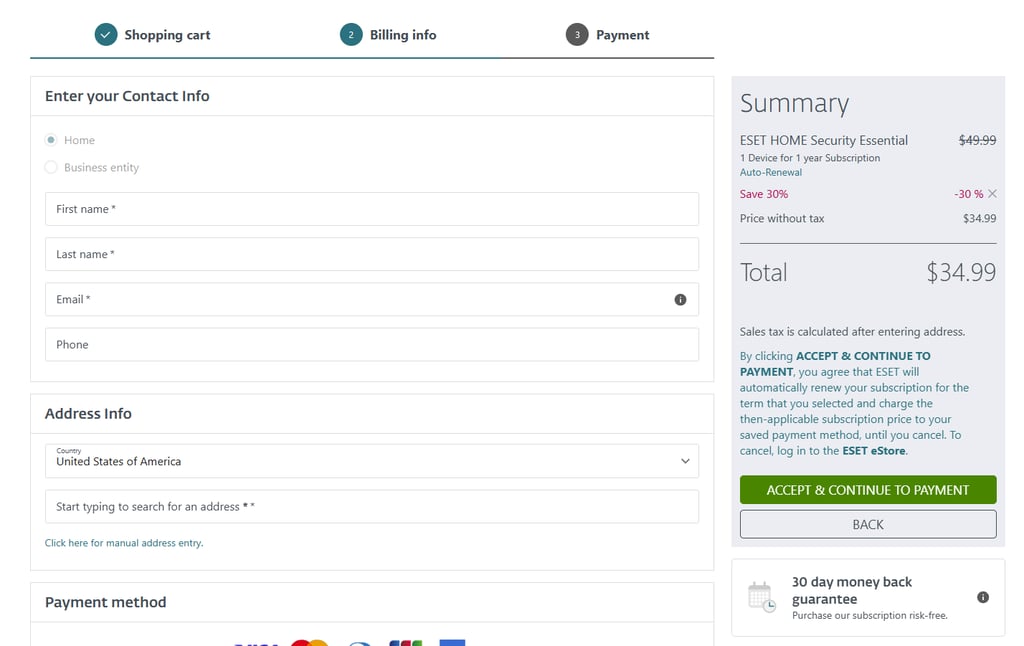 ESET Essential plan payment page