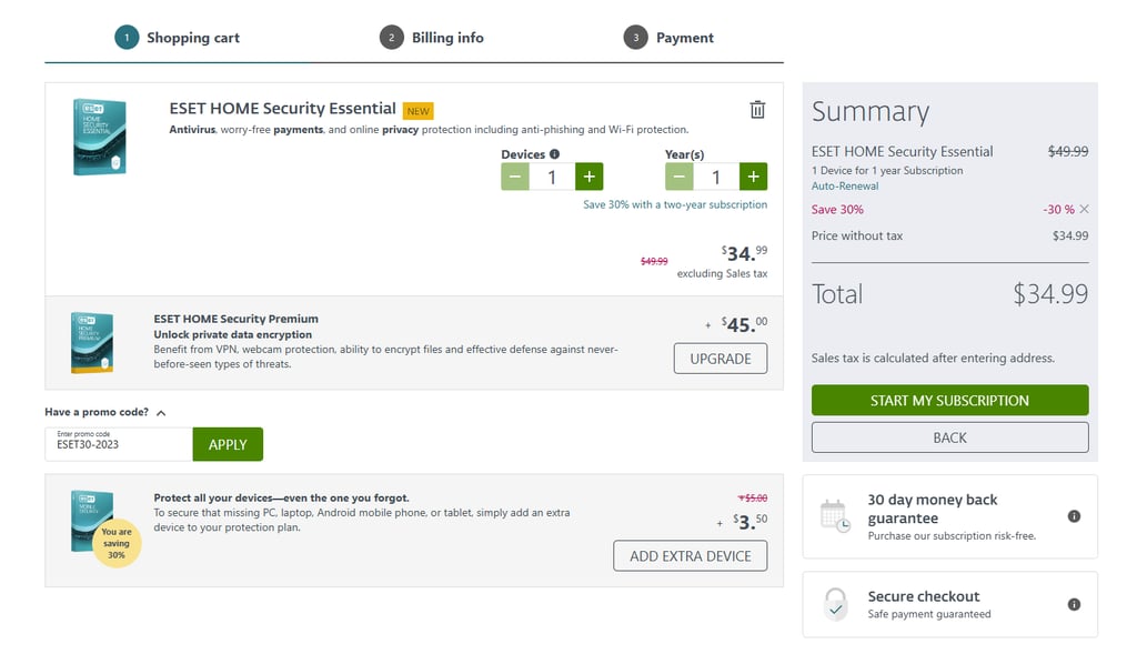 ESET Essential plan shopping cart