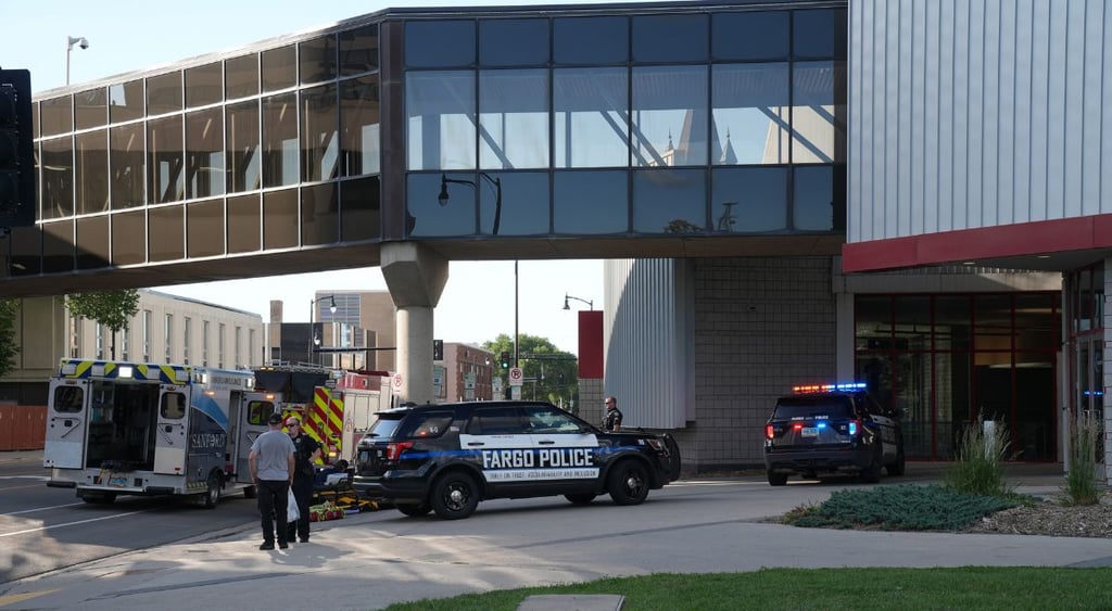 Fargo police department exterior, poilce cars, ambulance