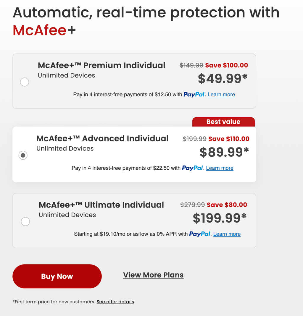 McAfee plans and prices