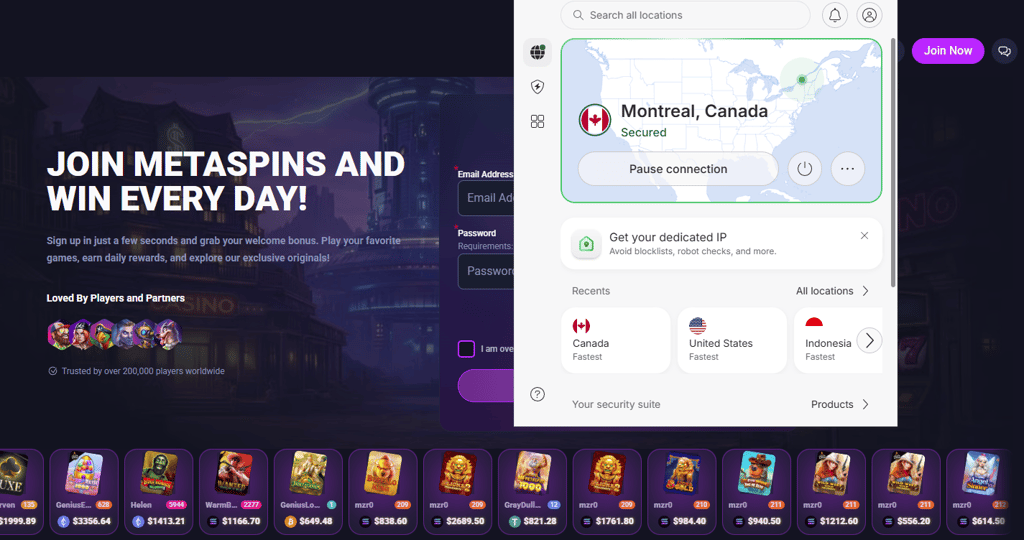 NordVPN accessed Metaspins Casino