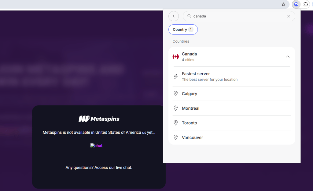 NordVPN servers in Canada for Metaspins casino
