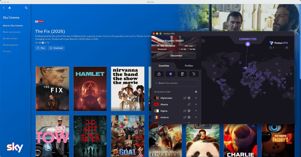 Proton VPN unblocking Sky Go