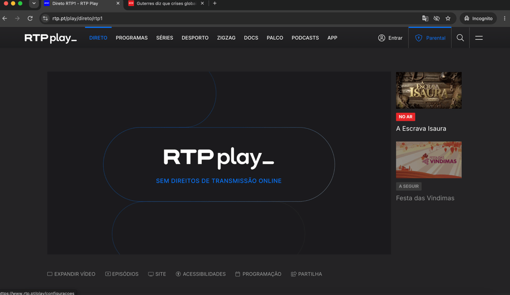 RTP bloqueada por região sem VPN