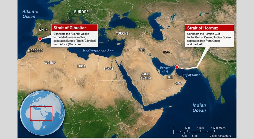 Strait of Gibraltar, Strait of Hormuz on map