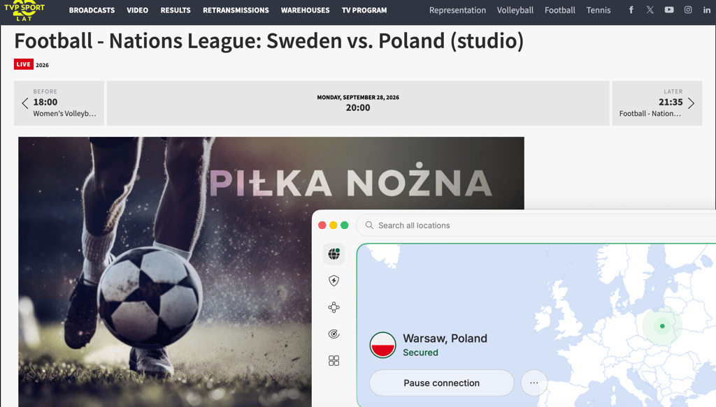 TVP Sports livesektion med Nations League-sändningen