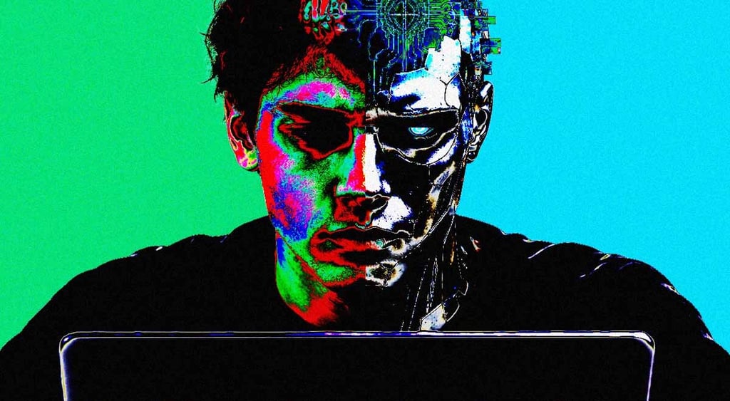 An individual drawn like an computerized AI bot looking at the screen of their laptop