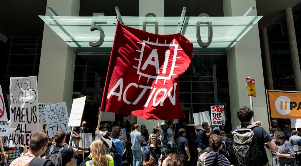 Demonstrators rally outside Anthropic headquarters in San Francisco, California