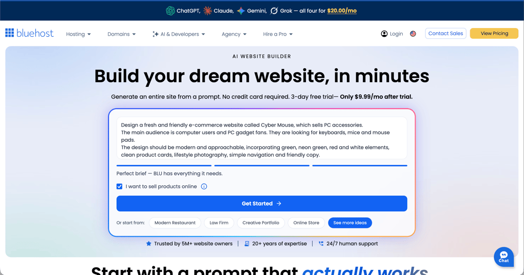 bluehost ai website builder beginning