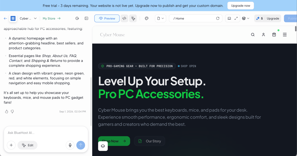 bluehost ai website builder generation result