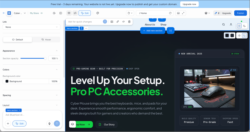 bluehost ai website builder visual edits page sections