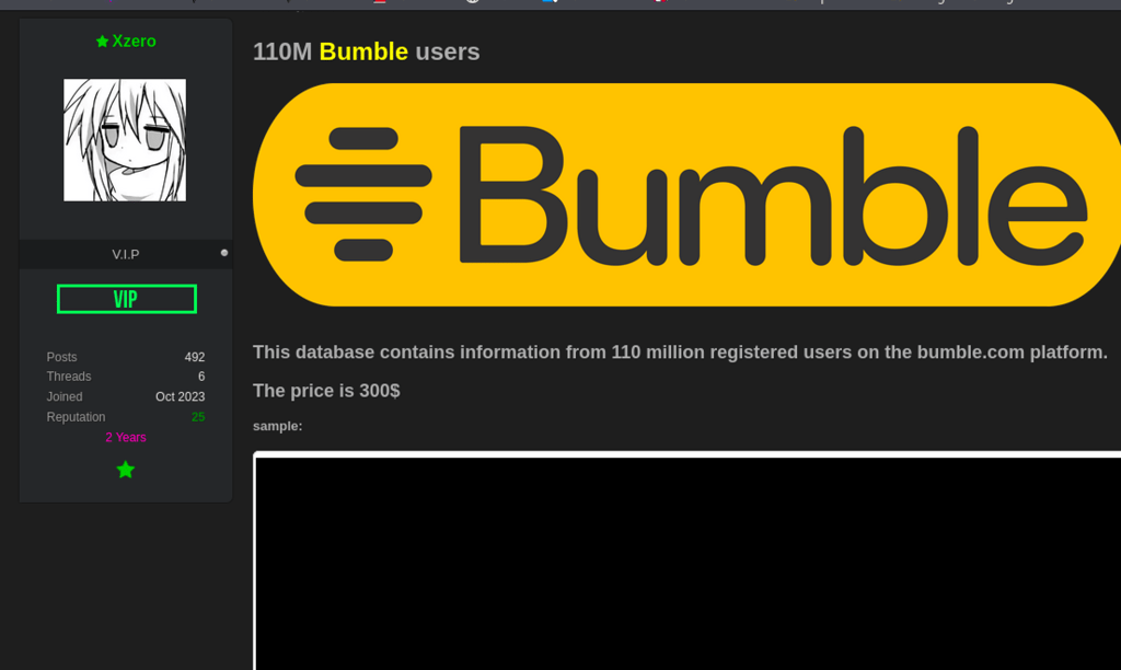 Screenshot of an entry on a hacker forum claiming to sell Bumble user data.
