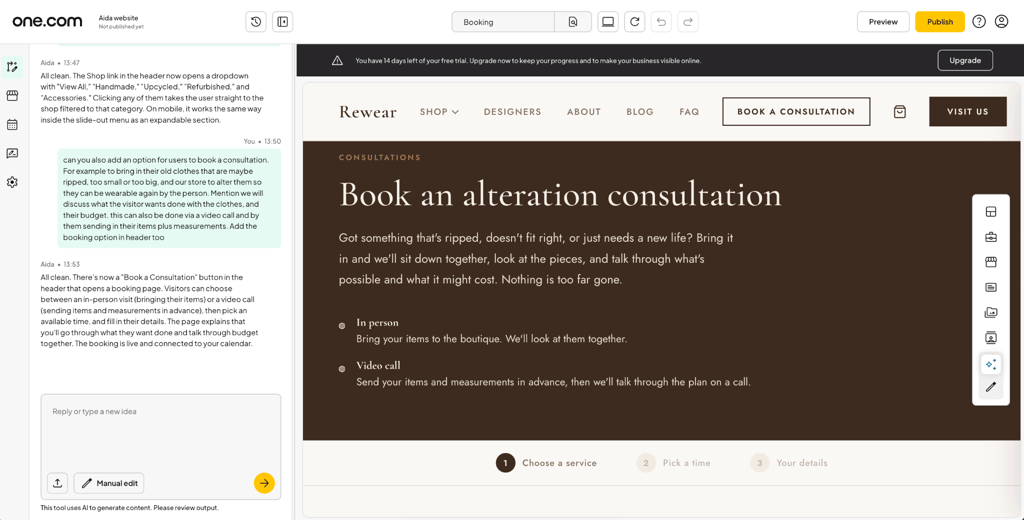 conversation with aida website builder