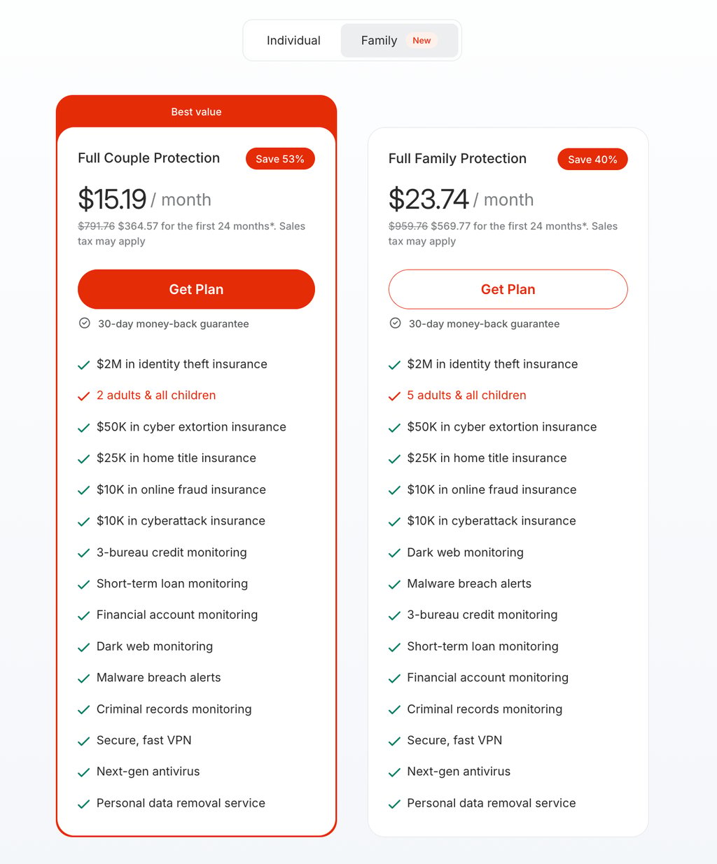 Coveron's family pricing page