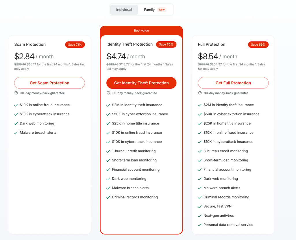 Coveron's Individual pricing page