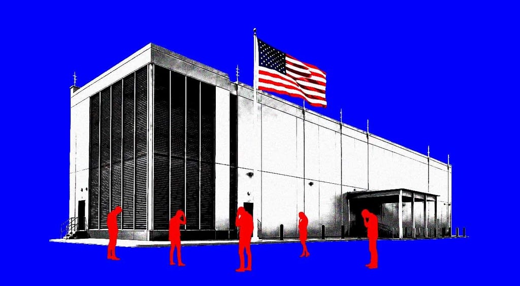 Data center, with US flag, and people in front of it with a blue background.