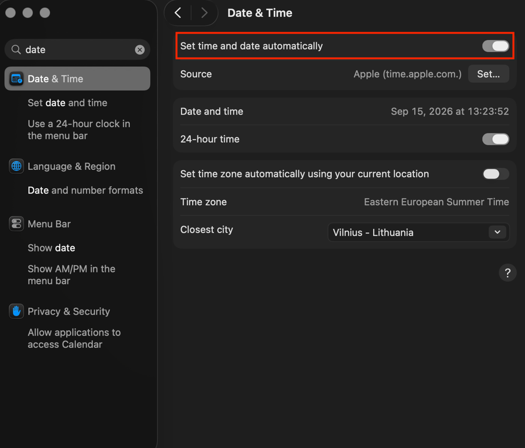 Set time and date automatically in macOS Settings
