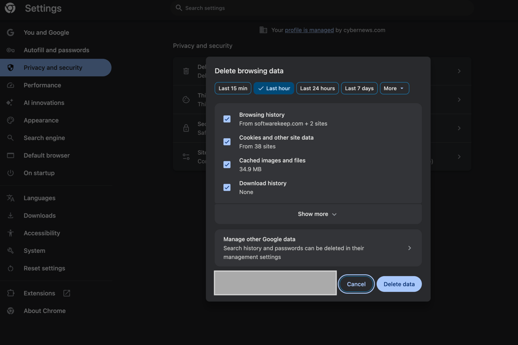 Clear browser cookies and cache on Chrome browser