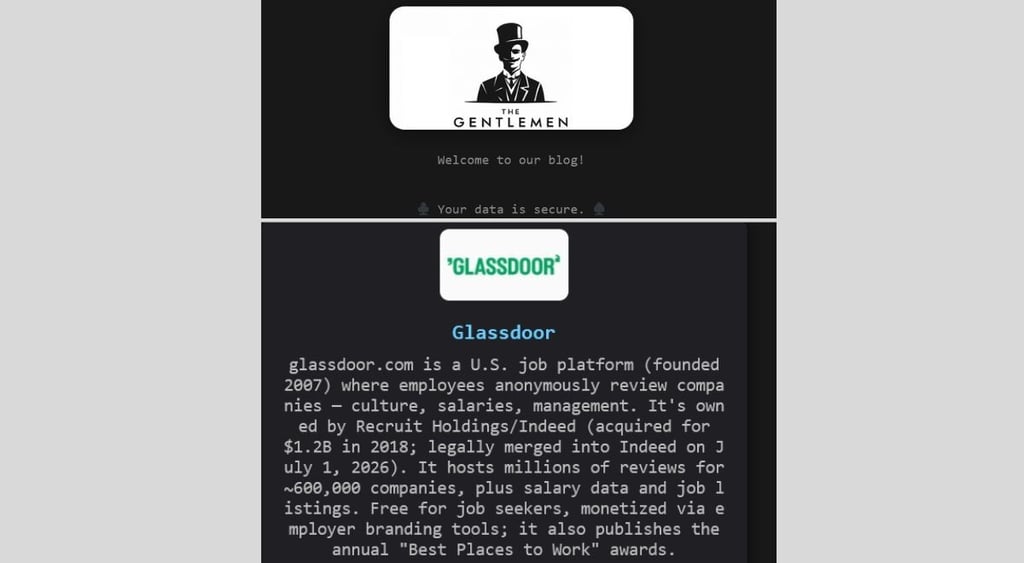 Screenshot of Gentlemen's leak site listing Glassdoor as victim