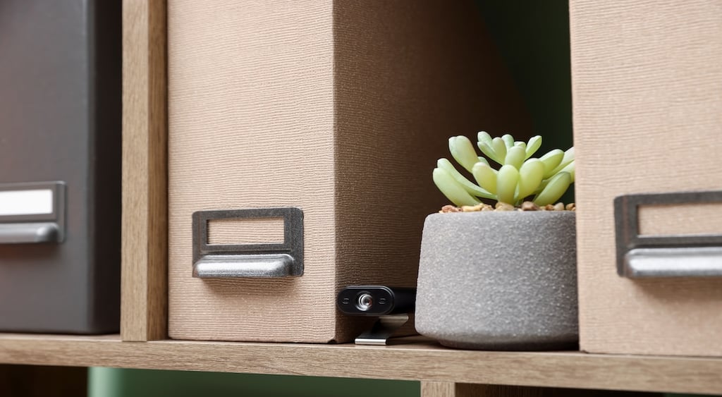 A camera hidden on a shelf next to a plant and folders.