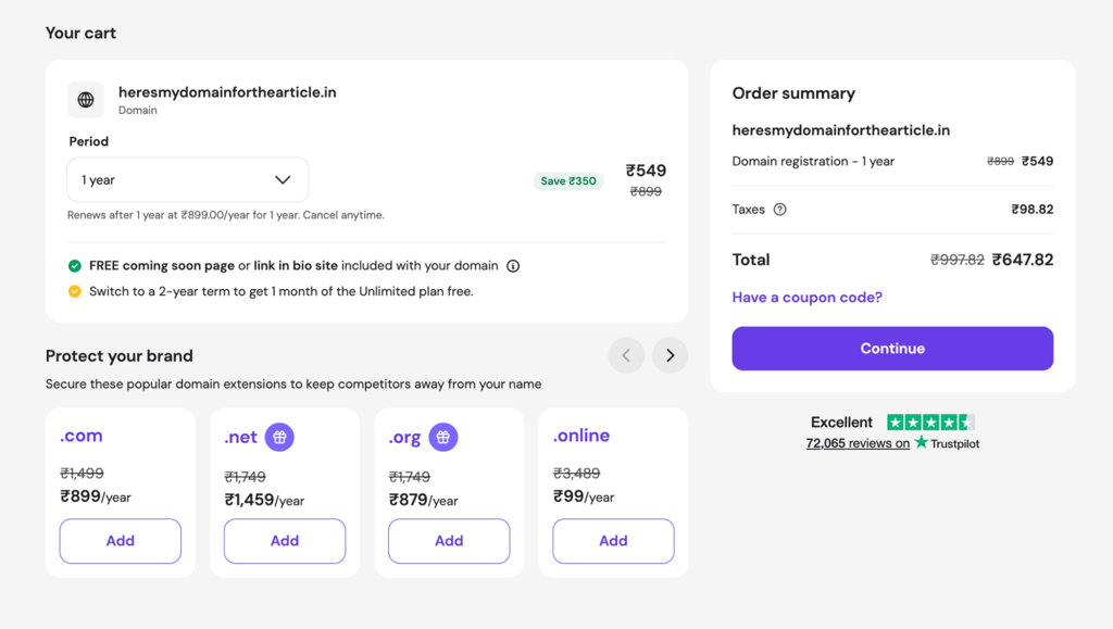hostinger in domain cart