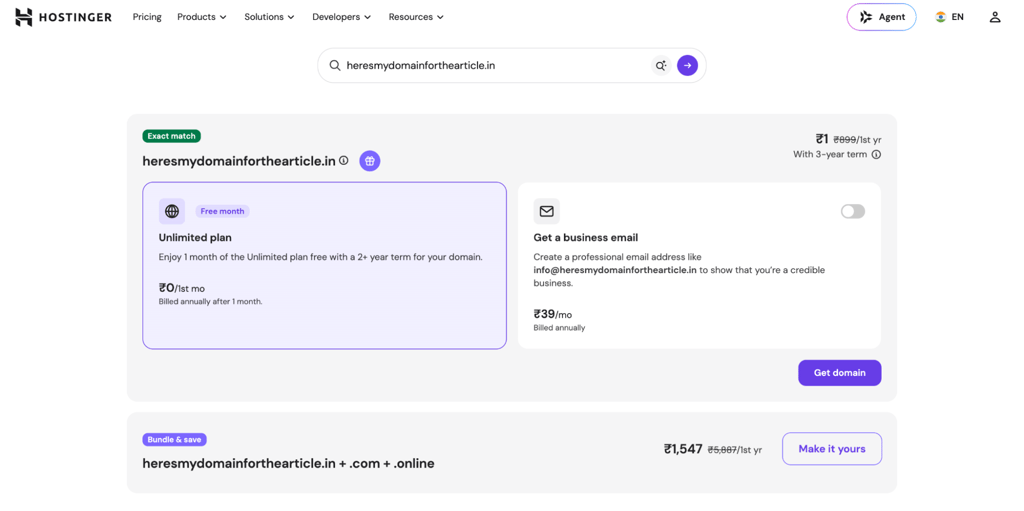 hostinger in domain search