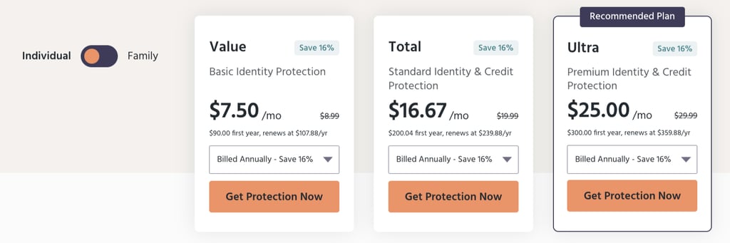 Identity Guard's individual pricing page