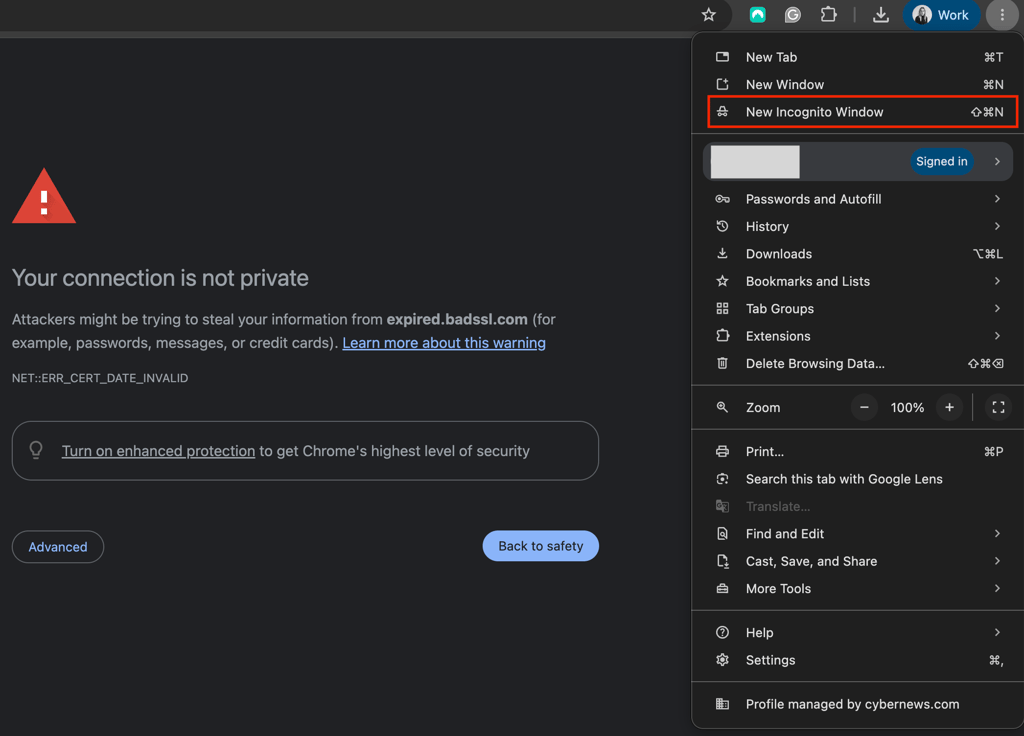 Incognito mode on Chrome browser
