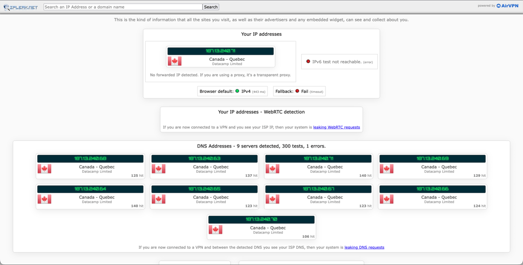 ipleak test vpn on