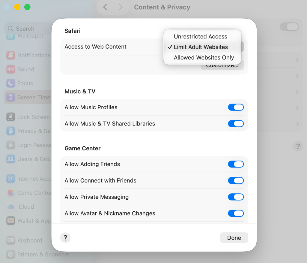 limited adult websites settings