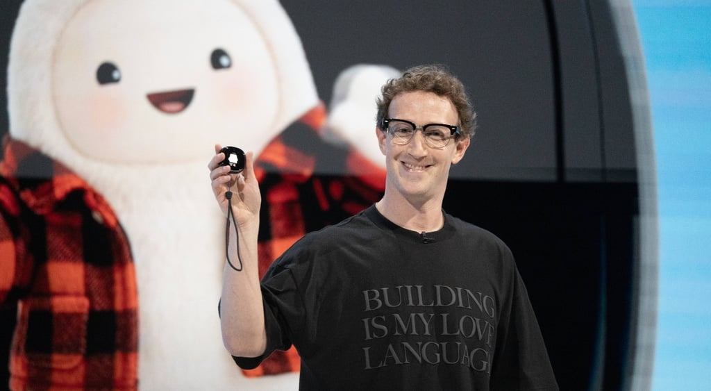 Meta CEO Mark Zuckerberg holding a Muse Charm device