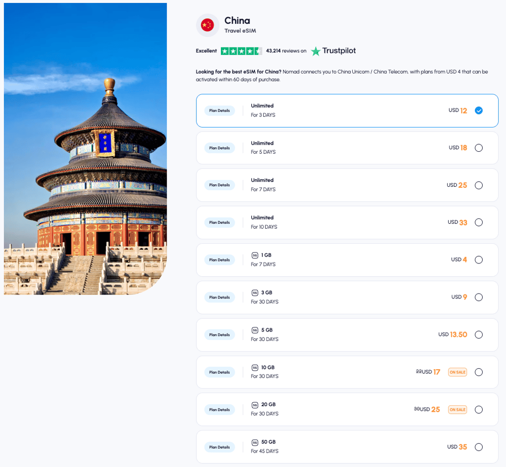 Nomad eSIM’s regular data plans for China
