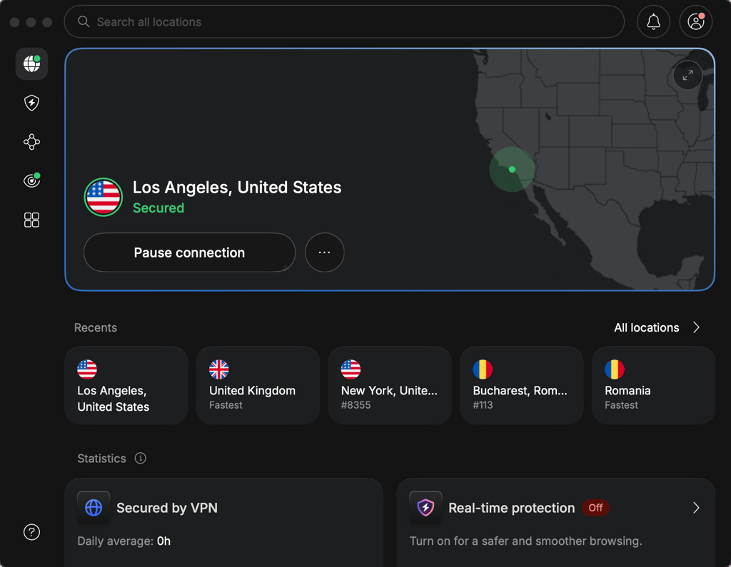 NordVPN app connected to a Los Angeles, California VPN server