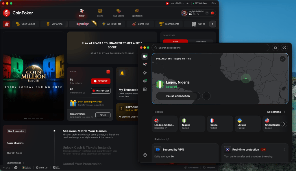 NordVPN unblocking CoinPoker with servers in Lagos
