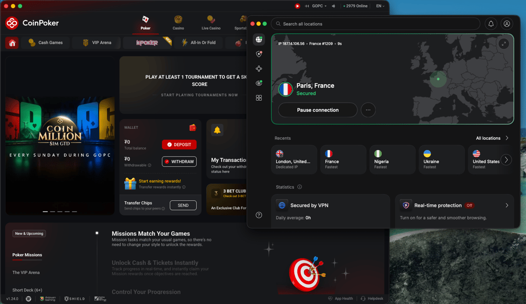 NordVPN unblocking CoinPoker with servers in Paris
