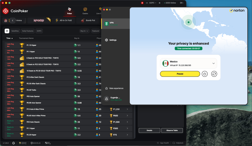Norton VPN unblocking CoinPoker with servers in Queretaro