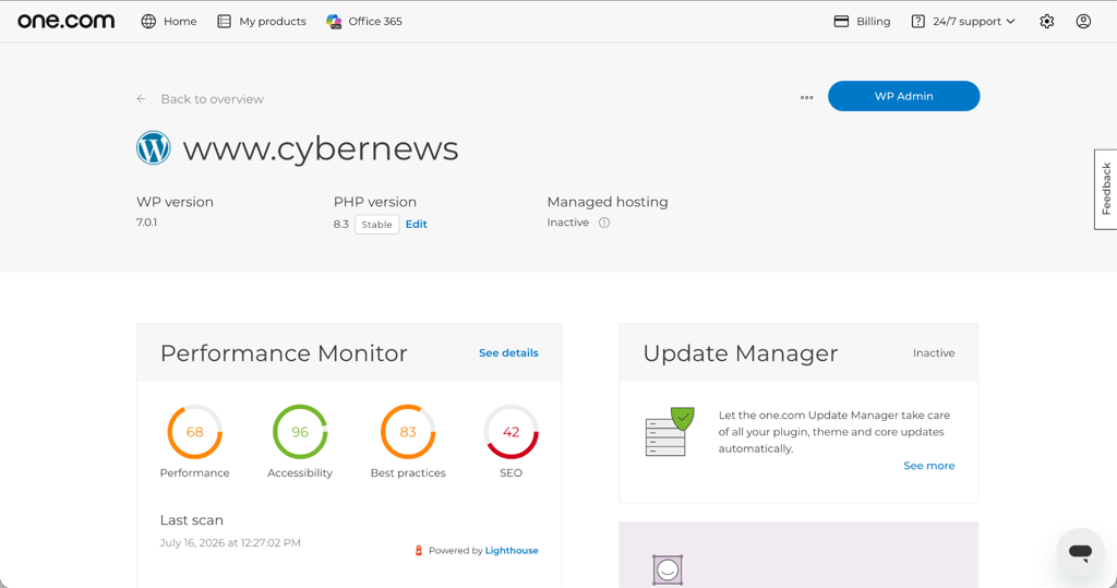 one.com WordPress management dashboard