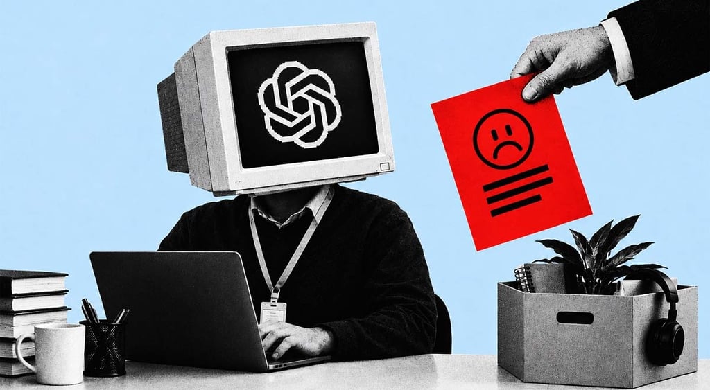 Person with computer instead of a head is sitting in front of a laptop