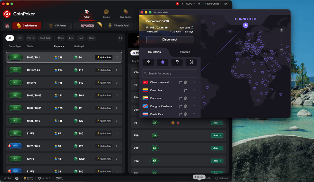 Proton VPN unblocking CoinPoker with servers in Bogota