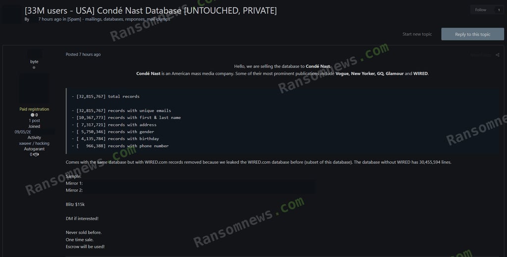 Screenshot of <strong>Condé Nast </strong>listing posted on a Russian-language hacker forum