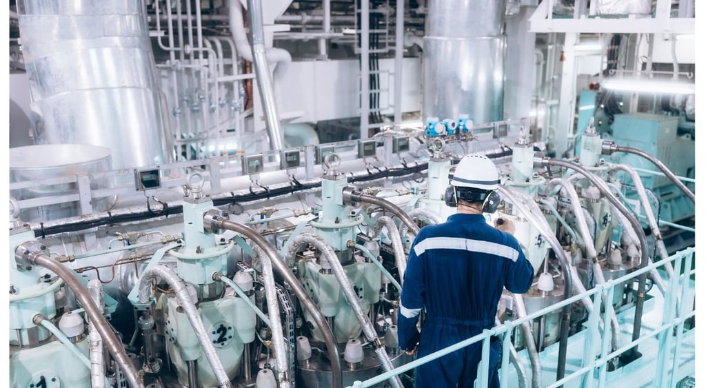 Marine engineer conducting a safety inspection of the ship's main engine.