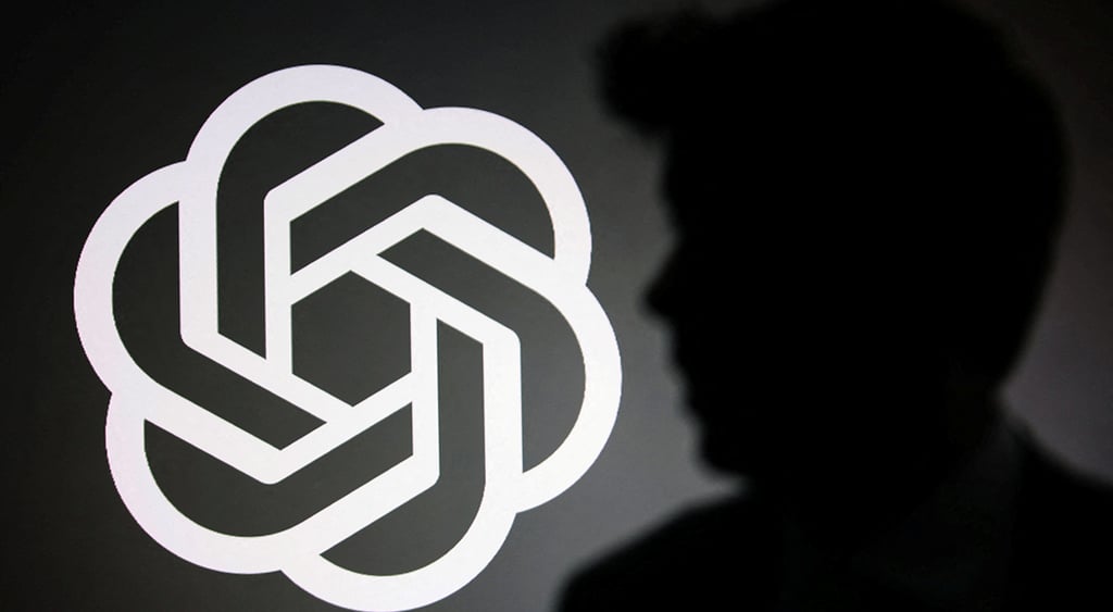 The silhouette of Sam Altman and OpenAI logo